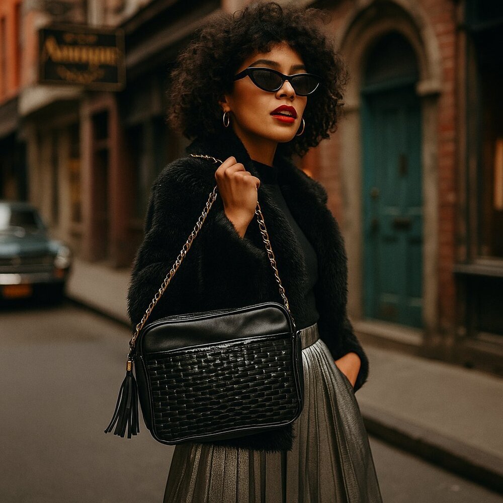 ✨ Vintage Leather Crossbody by PINKY – Black Woven Front, Chain Strap, USA